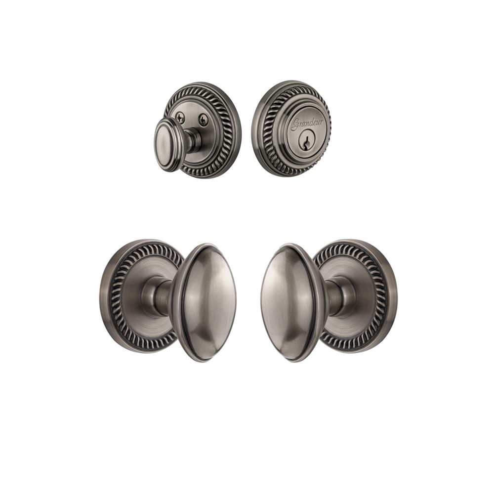 Grandeur by Nostalgic Warehouse Single Cylinder Combo Pack Keyed Differently - Newport Rosette with Eden Prairie Knob and Matching Deadbolt in Antique Pewter
